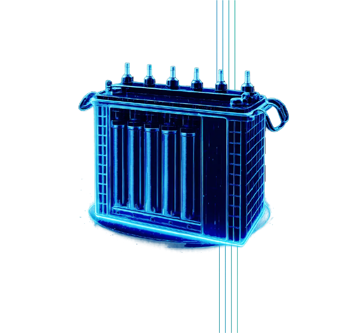 Transparent technical illustration of a lead battery