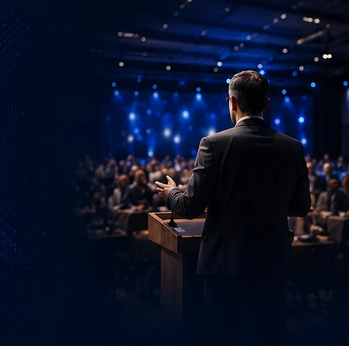 Speaker addressing an international conference audience